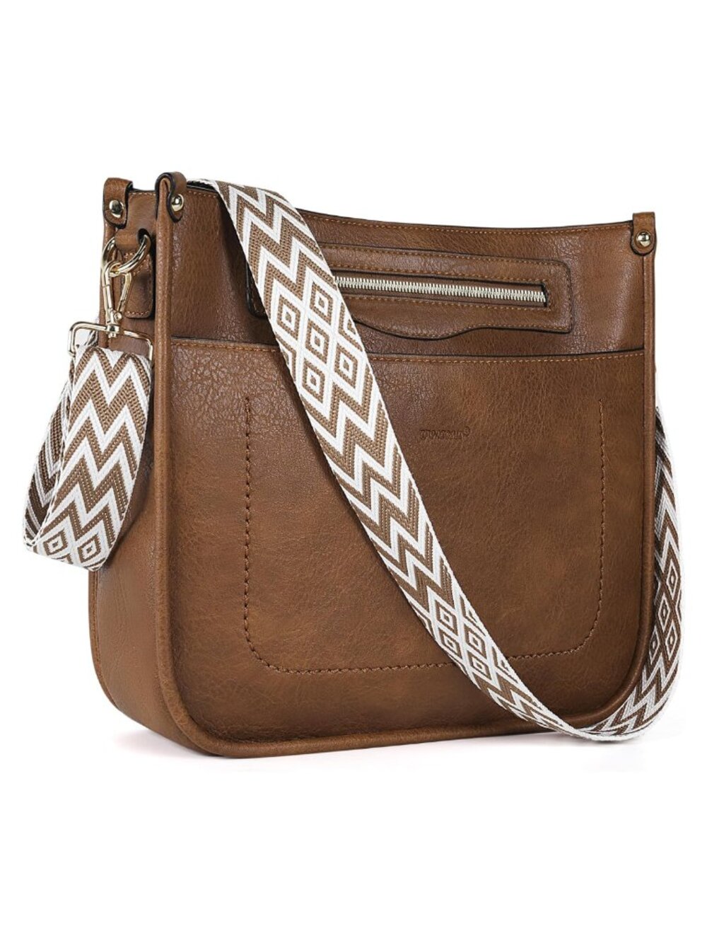 Vegan Leather Crossbody Bag Wide Guitar Strap Multi-Pocket Hobo Purse